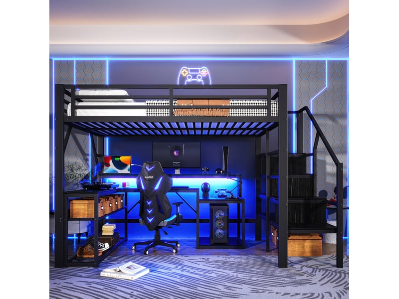Lit mezzanine 140x200 cm en métal avec bureau, rangements, led et usb, noir - Conforama E