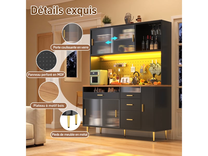  Buffet haut 145x39x171 cm avec led connectée, portes vitrées coulissantes, porte-verres et rangement réglable, mdf noir OMNIGLINT TRADING LTD - Conforama D