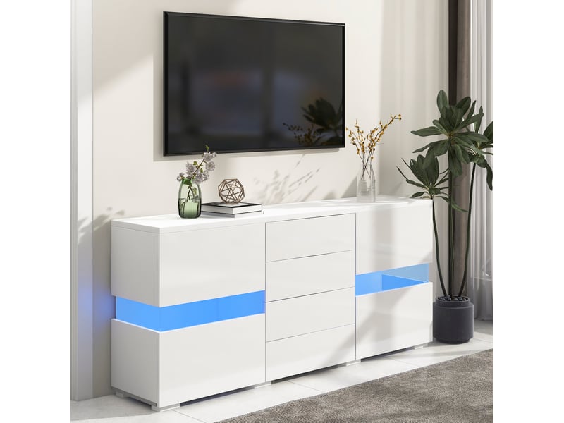 Buffet blanc avec led 16 couleurs, façade brillante, 4 tiroirs et 2 portes en acrylique, meuble tv jusqu’à 65 pouces - Conforama D
