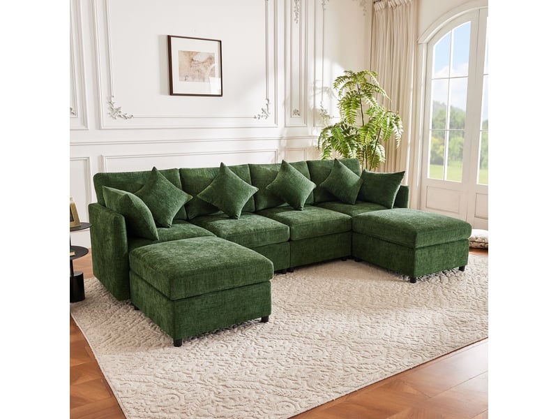  Canapé modulable, forme u et l canapé salon, 2 poufs, 6 coussins, tissu chenille  - Conforama B