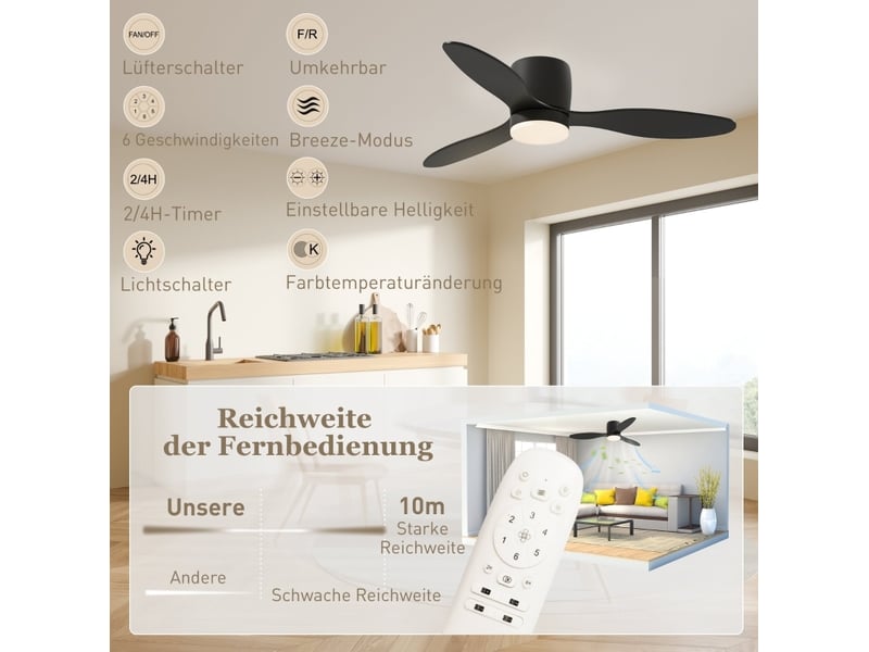  Ventilateur de plafond led ø115 cm, moteur dc réversible, 6 vitesses, télécommande, noir  - Conforama R