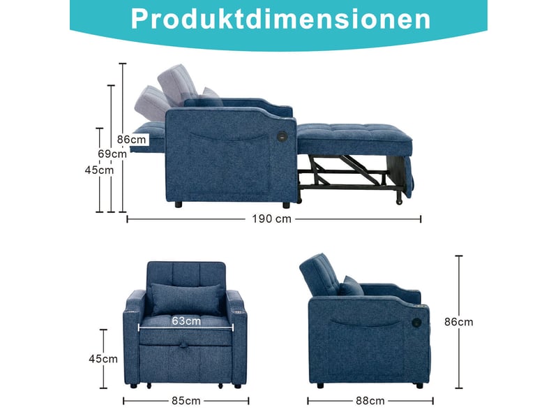  Fauteuil convertible tcqpz 3 en 1 1 place avec usb et type-c couchage 190 cm dossier réglable 3 positions poches latérales tissu bleu marine  - Conforama C