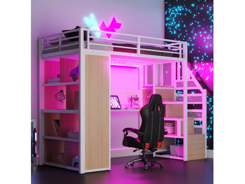  Lit mezzanine 90x200 cm en métal blanc avec armoire, rangements, bureau et éclairage led multicolore ORFRLDB00508AAK - Conforama E