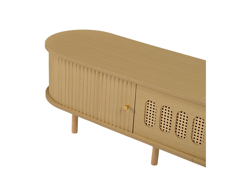  Meuble tv ovale 180 cm en mdf bois clair, 5 rangements fermés et portes à rideau, pour écran jusqu'à 75 pouces  - Conforama D