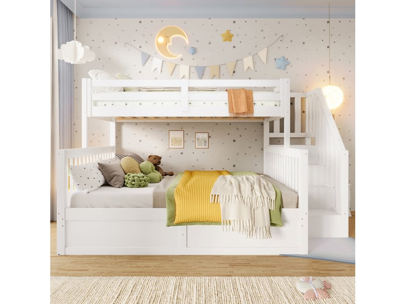 Lit superposé enfant 90x200 + 140x200 cm avec rangements, blanc et naturel - Conforama E
