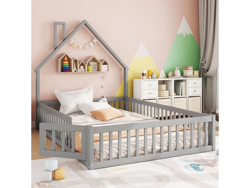  Lit cabane enfant 140x200 - pin massif gris - lit enfant - design maison avec cheminée, barrière sécurité et sommier  - Conforama B