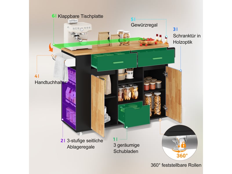  Îlot de cuisine mobile avec plan de travail rabattable, chariot de rangement en mdf, 120x71x90 cm  - Conforama E