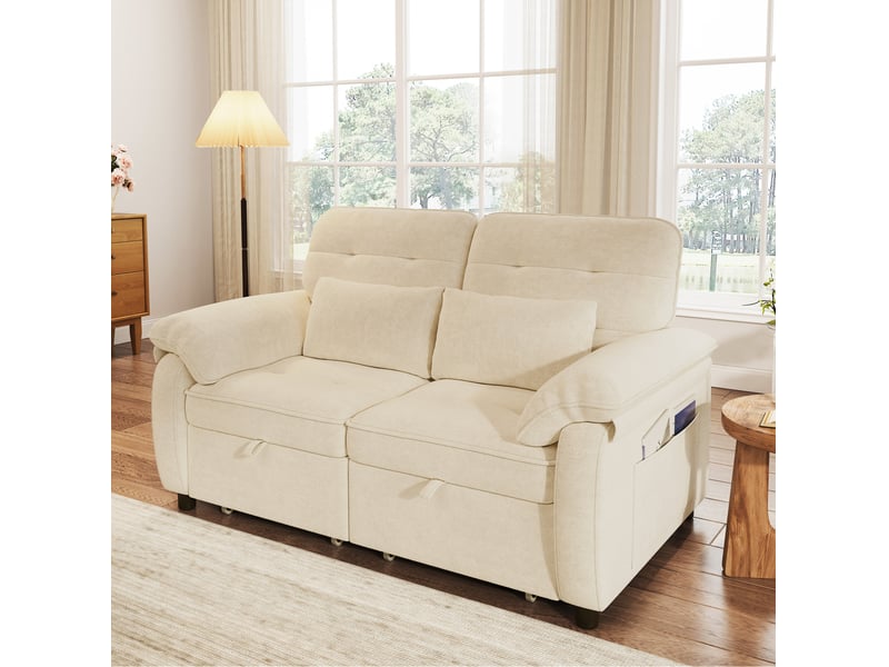  Canapé convertible tcqpz 2 places 3 en 1 142 x 90 x 86,5 cm dossier réglable usb type-c chenille beige  - Conforama D