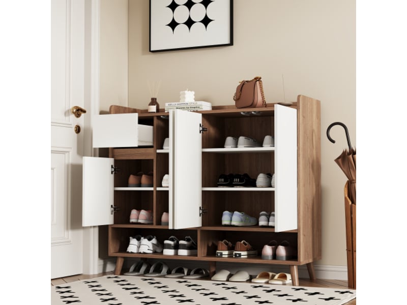  Buffet 4 portes 1 tiroir avec étagère réglable - panneau de particules blanc et naturel 120 × 35 × 99 cm  - Conforama C