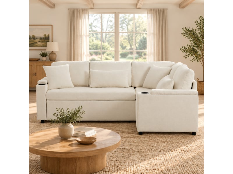  Canapé d’angle convertible 206,5x141x86 cm en chenille avec rangement et port usb beige chicfurn  - Conforama C