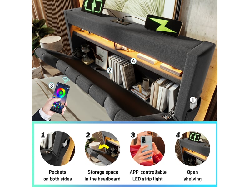  Lit rembourré 90 × 200 cm 1 place avec coffre, led réglable, usb et type-c, avec matelas, gris en lin  - Conforama E
