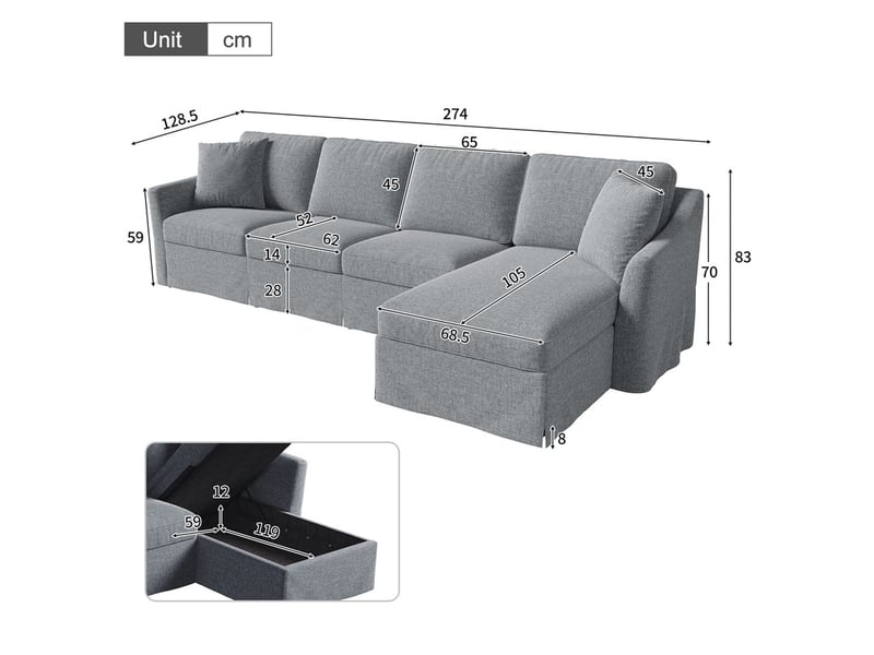 Canapé d'angle en l, 4 places, avec méridienne et coffre de rangement, housses amovibles/lavables coton-lin, gris, 274x128,5x83cm - Conforama C