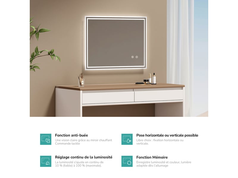 Emke miroir lumineux salle de bain 50x70cm, miroir led avec l'éclairage, interrupteur tactile, anti-buée, lumière blanche froide - Conforama E