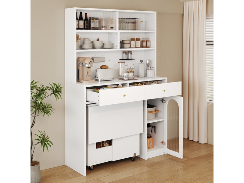  Meuble cuisine 120x45x180 cm avec plan de travail, rangement haut, 2 tiroirs et étagères, armoire de cuisine avec porte verre - blanc  - Conforama D