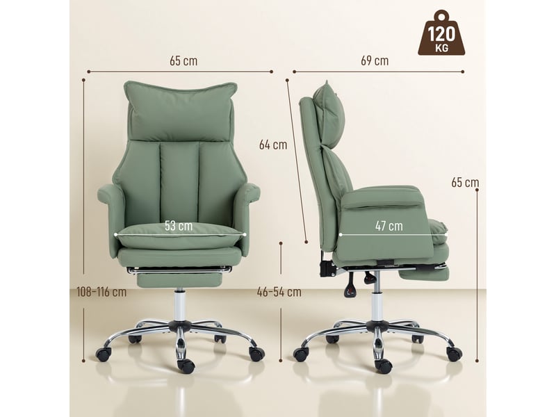  Fauteuil de bureau avec repose-pieds dossier inclinable haut rembourré épais similicuir roues vert  - Conforama C