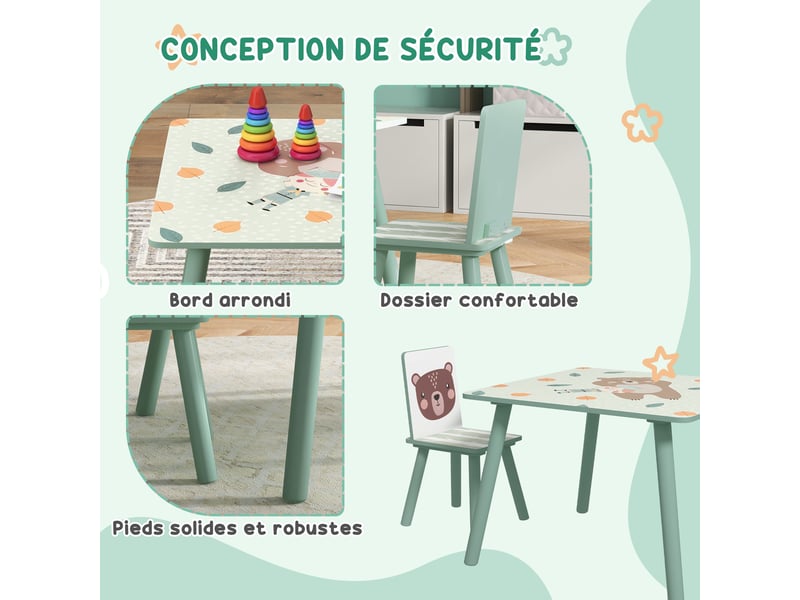  Table et 2 chaises pour enfants 3-8 ans ensemble 3 pièces motif animaux pour chambre à salle coucher de jeux vert  - Conforama E