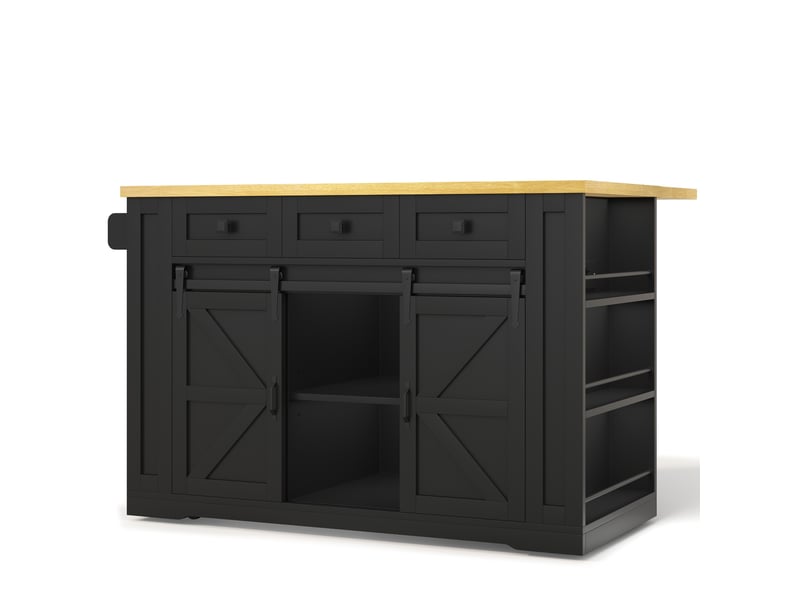  Îlot de cuisine mobile 130 x 50-80 x 87 cm, plateau rabattable, prises, 3 tiroirs et portes coulissantes, noir  - Conforama A