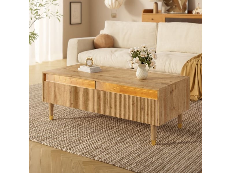  Table basse led - design moderne - tiroirs ondulés - pieds bois doré - éclairage led 7 couleurs 110x50x40cm - Conforama B