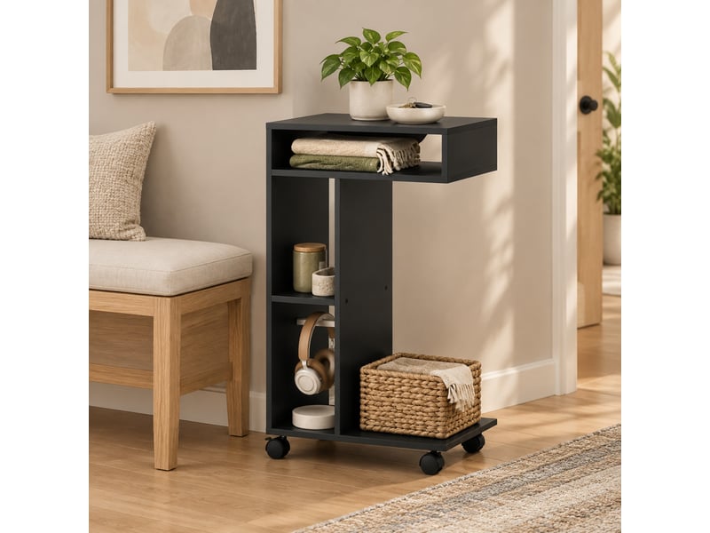  Table d’appoint en c à roulettes avec 3 compartiments - lpospi - freins et patins feutre bois noir 40 × 30 × 69 cm  - Conforama C