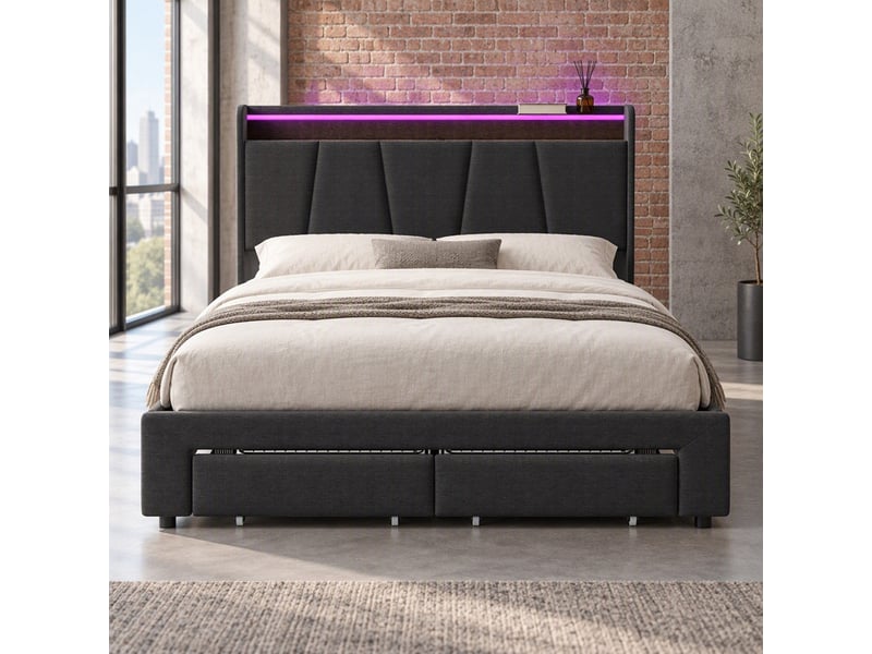  Lit coffre 2 places 140x190 cm avec rangement, lit adulte double, 2 tiroirs, led, port usb, tissu lin gris foncé  - Conforama C