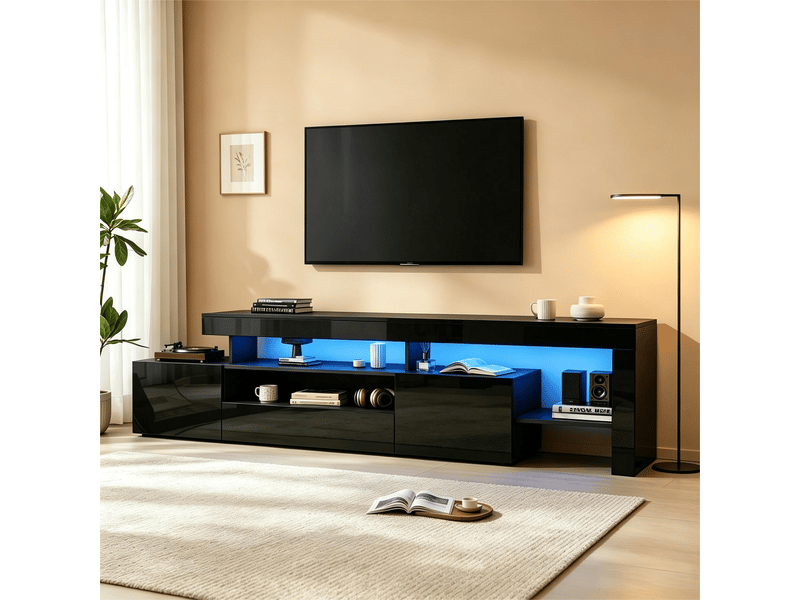  Meuble tv avec 3 portes abattantes, niche semi-ouverte et led pour salon, 192×37×53 cm, en panneau de particules noir  - Conforama C
