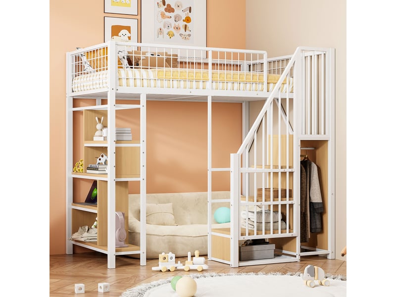  Lit mezzanine 90 x 200 cm, escalier, étagères de rangement, espace libre sous le lit, sommier à lattes, pour la chambre, métal et bois, blanc ABC - Conforama D