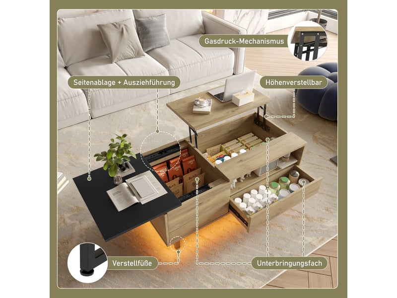  Table basse relevable led avec 1 tiroir, niches ouvertes et compartiment caché pour salon, 103,5 × 50 × 27,5 cm  - Conforama E