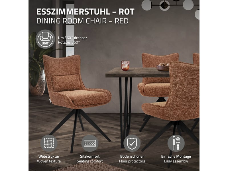  Ml-design lot de 2 chaises salle à manger pivotantes 360° en tissu bouclette rouge, piètement étoile en acier, coussin lombaire intégré, siège rembourré confortable pour salon et cuisine, 120 kg  - Conforama B