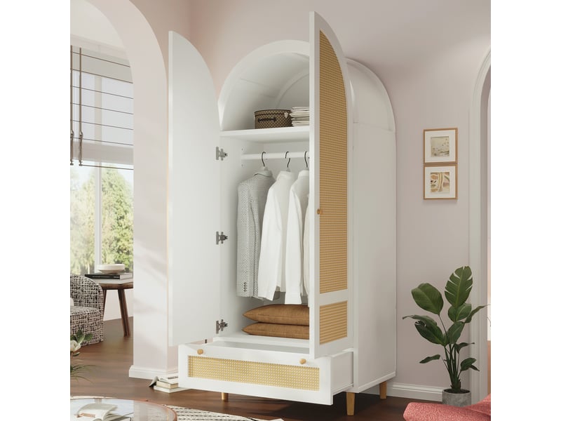 Armoire de chambre 80x50x180 cm avec penderie et tiroir, armoire avec effet rotin, portes arrondies et rangement chambre - blanc - Conforama C