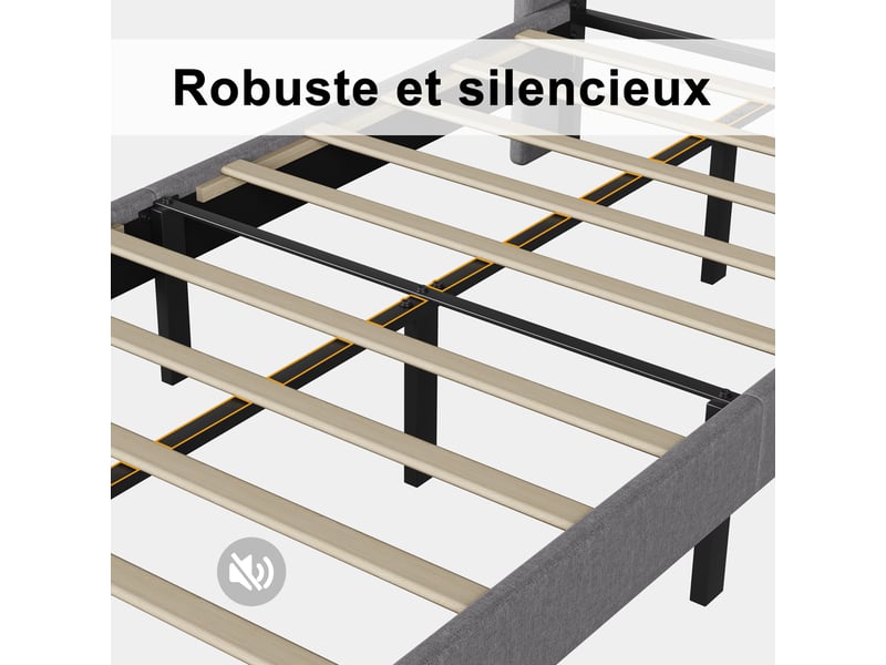  Lit simple rembourré 90x200 cm, lit 1 place avec tête capitonné, lit une personne avec sommier à lattes,tissu de lin, sans matelas  - Conforama R