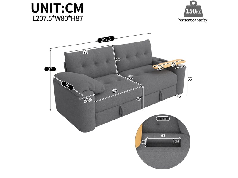  Canapé modulable 207,5x80x87 cm avec rangement et table d’appoint, 3 places, design compact, gris  - Conforama C