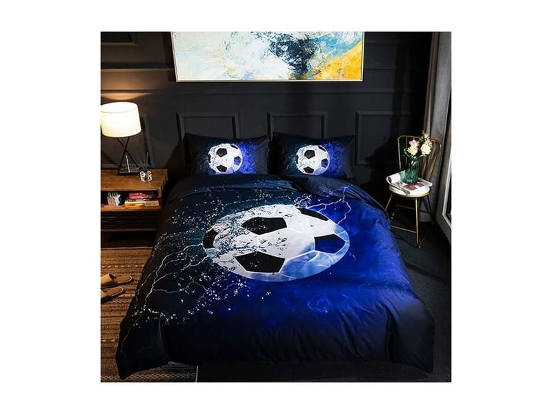 Housse de couette 200cm x 200cm modèle de football - parure de lit en microfibre 2 personnes avec fermeture éclair, housse couette avec 2 taie d'oreiller 50 x 75 cm (bleu) - Conforama A