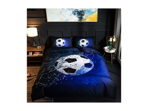 Housse de couette 200cm x 200cm modèle de football - parure de lit en microfibre 2 personnes avec fermeture éclair, housse couette avec 2 taie d'oreiller 50 x 75 cm (bleu)