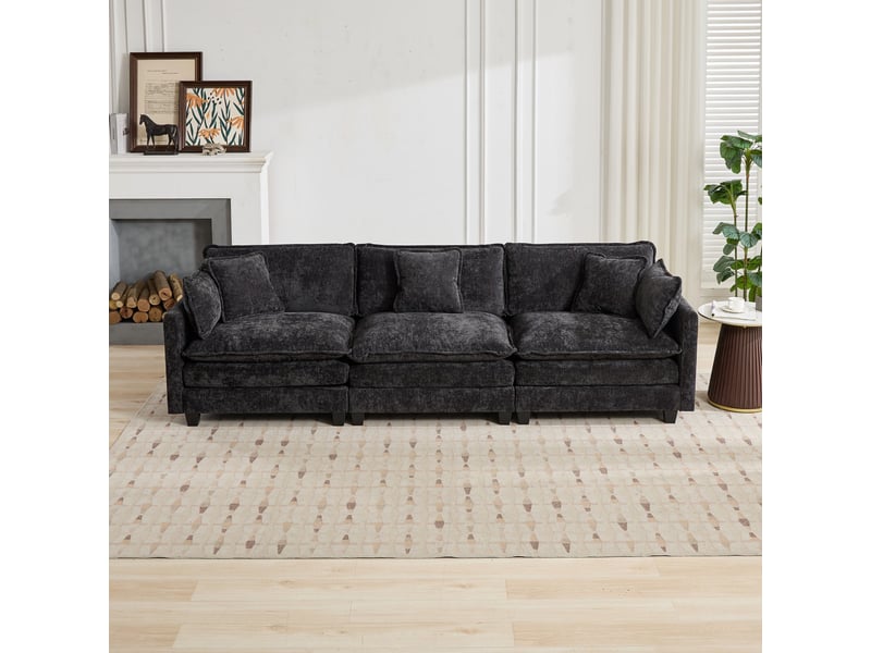 Canapé 3 places en chenille noir, canapé modulable avec coussin rembourré double couche pour salon ,pouf non inclus - Conforama W