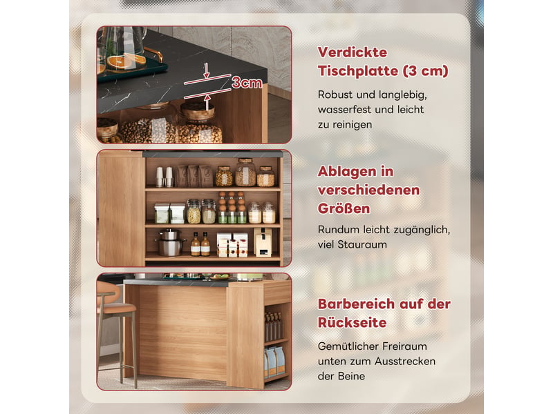  Îlot de cuisine avec rangement - dimensions - 5 niveaux de rangement - tiroir caché - plateau épaissi 3 cm 140x60x90cm - Conforama C