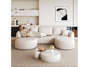 Canapé d’angle modulable 2 places 266 cm avec pouf, méridienne à gauche, sans structure rigide, sans montage, blanc