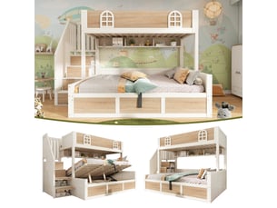 Lit superposé 90x200 et 140x200 cm avec armoire-escalier, blanc, lit enfant avec rangement hydraulique et barrières de sécurité