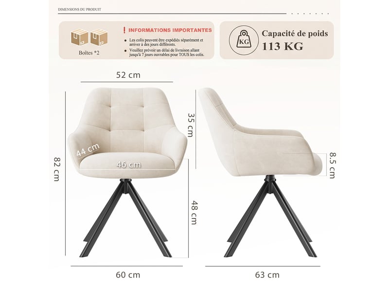  Lot 4 chaise pivotante premium avec demi-accoudoirs - chaise rotation à 360°base métallique haute stabilité, beige  - Conforama C