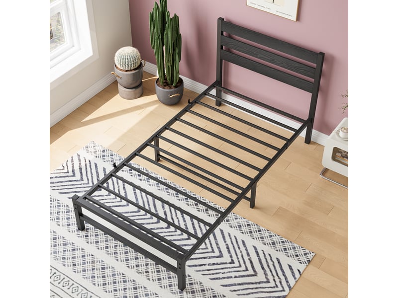  Lit simple 90 × 200 cm avec tête de lit en mdf, structure en métal, sans matelas, noir, style moderne  - Conforama D