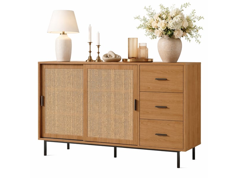  Buffet 2 portes coulissantes et 3 tiroirs, naturel, style campagne, 140 x 37 x 91 cm  - Conforama A