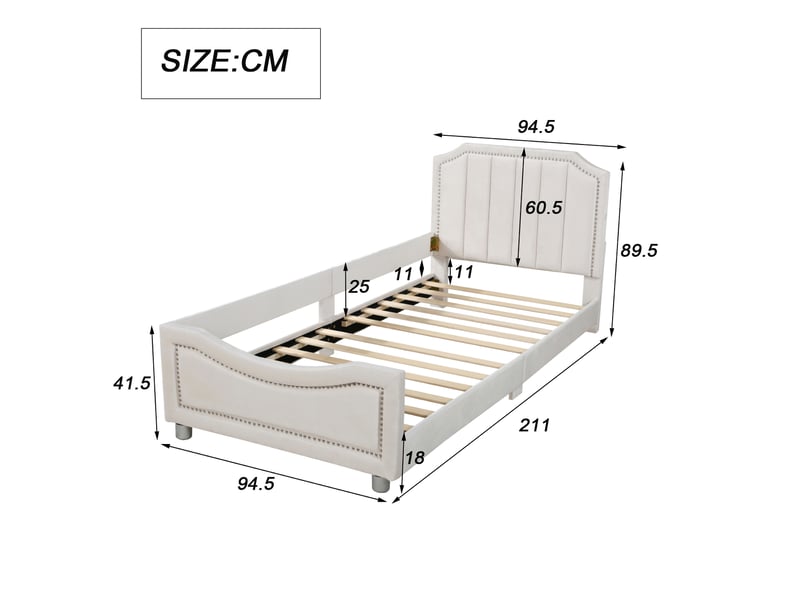 Lit enfant 90x200 capitonné beige - banquette lit avec dossier flanelle - sommier inclus  - Conforama C