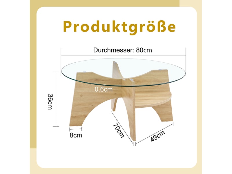  Table basse ulevr ronde en verre transparent ø 80 cm, piètement mdf aspect bois naturel, hauteur 36 cm  - Conforama C
