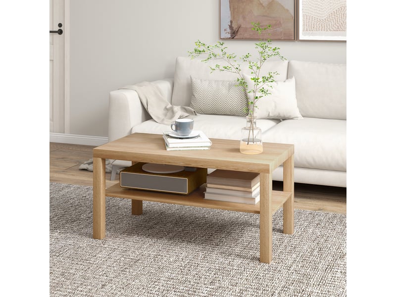  Table basse de salon, table d'appoint rectangulaire à 2 niveaux avec étagère de rangement, 90x45x44,5cm, bois naturel  - Conforama C