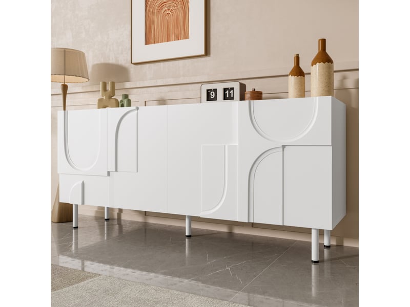  Buffet de salle à manger 160x38,5x70 cm, design géométrique, rangements, mdf et panneau de particules, blanc, salon  - Conforama E