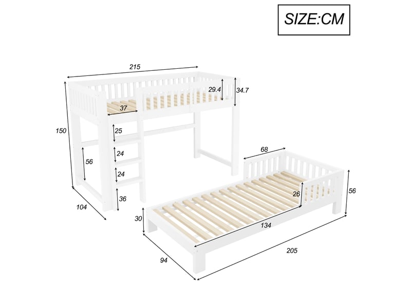  Lit enfant modulable 90×200 cm avec lit mezzanine et lit simple, blanc  - Conforama C