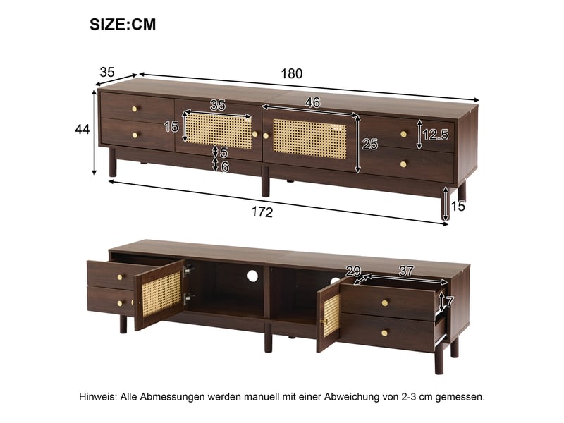  Meuble tv 180x35x44 cm, 2 portes à motif en rotin et 4 tiroirs, panneaux de particules marron  - Conforama E