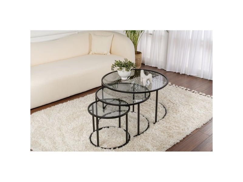  Tables basses gigognes en verre trempé et métal noir et gris ø80, ø60 et ø42 cm lot de 3  - Conforama B