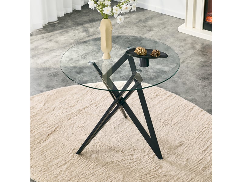  Table basse ronde 85x85x75,7 cm plateau en verre trempé structure géométrique métal noir  - Conforama B