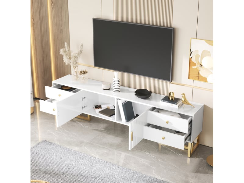  Meuble tv bas blanc 175 cm avec 4 tiroirs, 2 portes texturées et pieds dorés  - Conforama E