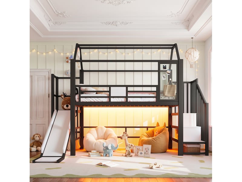  Lit mezzanine enfant avec toboggan, escalier et led bluetooth 90x200 homvra  - Conforama C